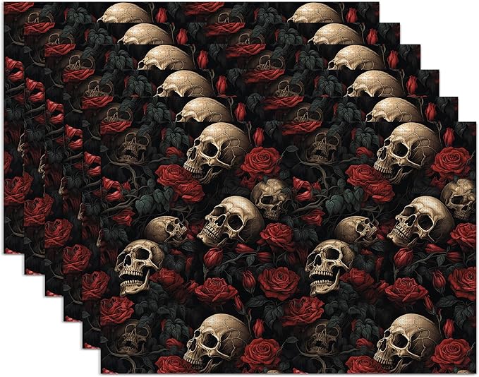 Skull Rose Placemats Set of 6,Washable Heat Resistant 12×18 Inch Linen Table Mats Floral Place Mats for Party Outdoor Dining Décor