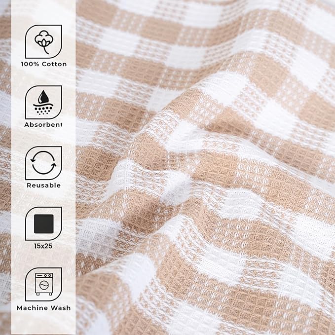 Blue Needles Set of 4 Waffle Weave Kitchen Towel, 15x25 Inches 100% Cotton Check Plaid Dish Towels for Kitchen, Soft & Absorbent for Quick Drying with Hanging Loop, Spring Summer - Beige & White