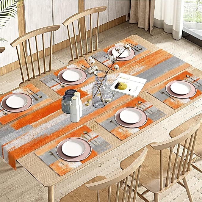 ArtSocket Farmhouse Table Runner and Placemats Set of 6, Abstract Orange Grey Painting Art Dining Decor for Daily Use(1 Table Runner 72 inches Long and 6 Placemats)