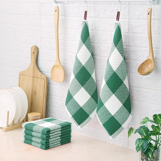 Homaxy 100% Cotton Waffle Weave Check Plaid Dish Cloths, 12 x 12 Inches, Super Soft and Absorbent Dish Towels Quick Drying Dish Rags, 6-Pack, White & Dark Green