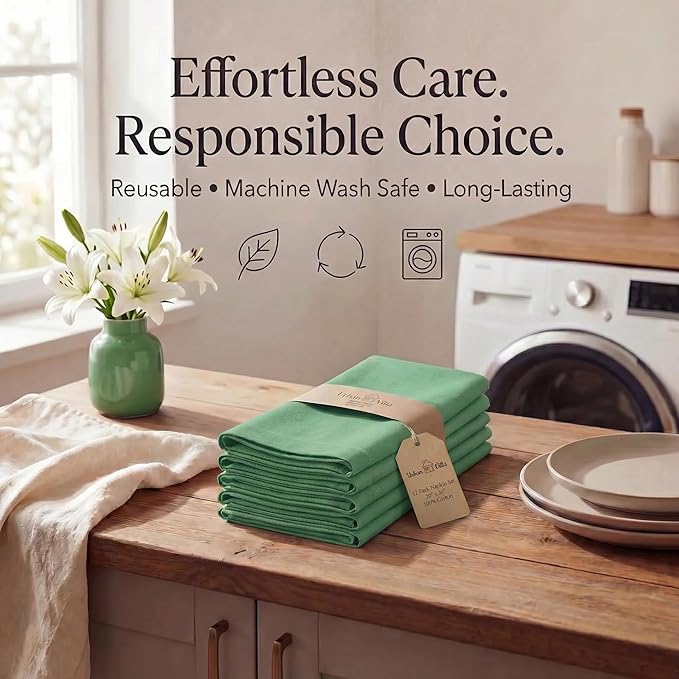 Urban Villa Cloth Napkins Set of 12 20x20 Inches 100% Cotton Napkins Cloth Washable Durable Reusable Absorbent Table Dinner Napkins Cloth for Christmas Parties Hotel Lunch Restaurant Weddings - Green