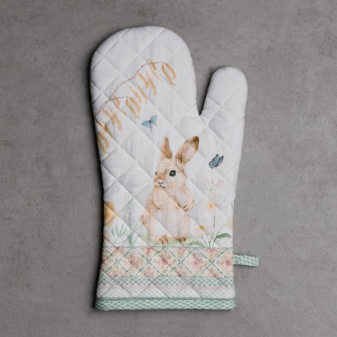 Maison d'Hermine Oven Gloves 100% Cotton Oven Mitt 7" x 13" with Loop Heat Resistant BBQ Cooking Gloves Baking Grilling Gifts for Mothers Day Spring/Summer (Pack of 1, Easter Dew)