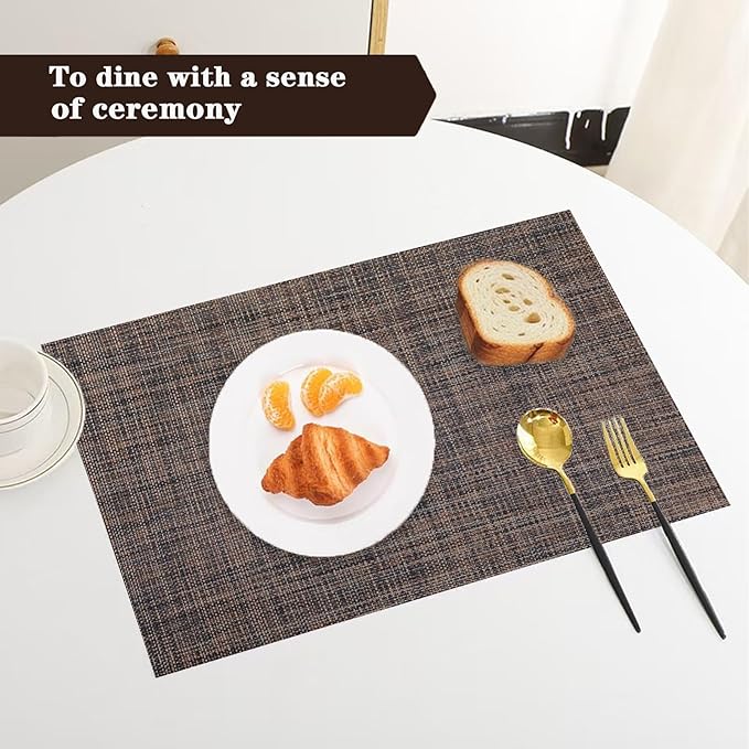 Brown Black Placemats Set of 2 - Heat Resistant Non-Slip Place mats for Dining Table, Washable Durable PVC Vinyl Woven Table Mats (Brown Black, 2)