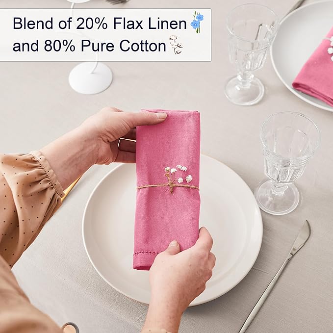 Ruvanti Premium Linen Napkins Set of 4-20x20 Inch, Classic Hemstitch, Mitered Corner Cloth Napkins ‎‎- Soft, Elegant Dinner Napkins Cloth Washable for Weddings, Parties, Everyday Use - Pink