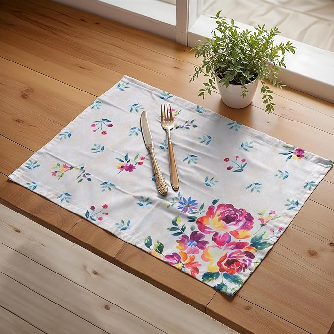 Maison d' Hermine Placemats Set of 4 100% Cotton Washable Cloth Place Mats Reusable Table Mats for Kitchen Dining Party Wedding Gifts for Mothers Day Spring/Summer (Rose Garden, 13" x 19")