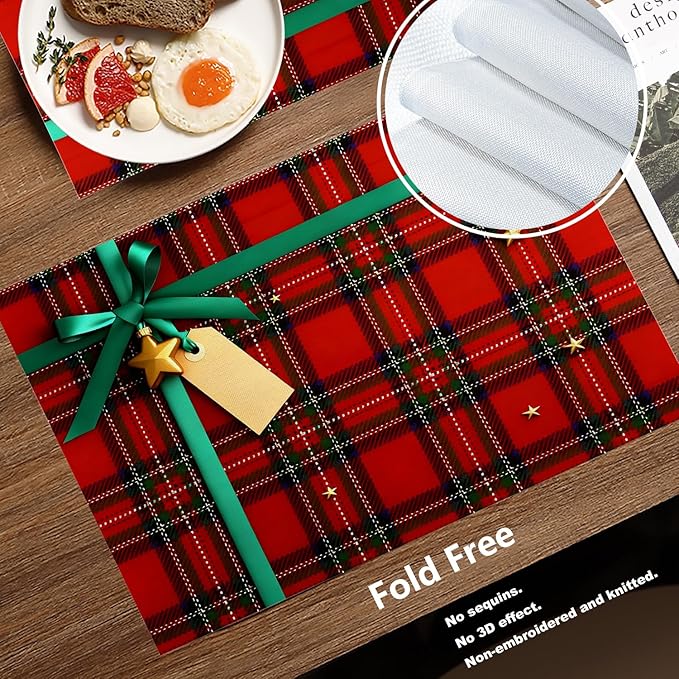 Batmerry Placemats,Bow and Empty Tag On Scottish Plaid Washable Linen Table Mats for Kitchen Table Double Insulation Decor Dining Set Indoor Outdoor 12X18 in Set of 4