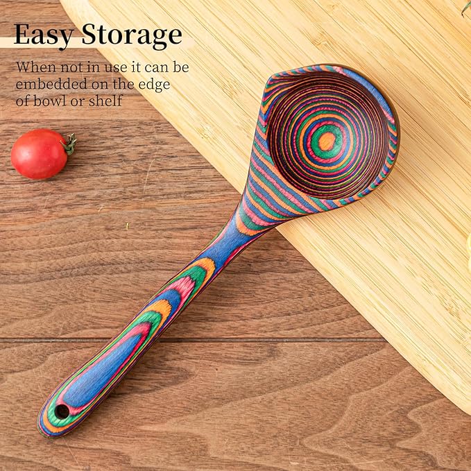 Gudamaye Pakkawood Rainbow Deep Soup Ladle with Spout, 9.6 inch Big Soup Ladle for Cooking