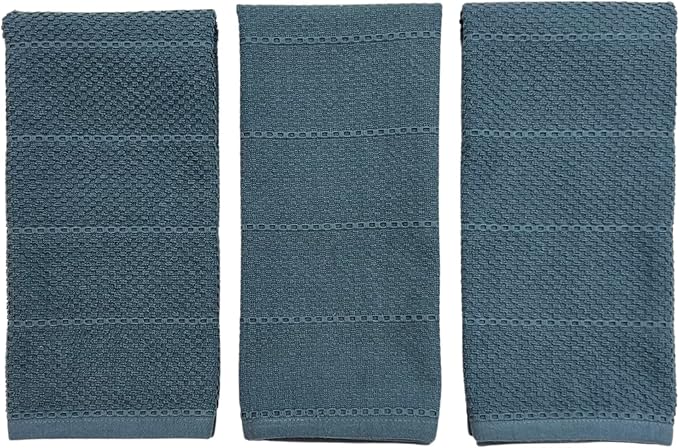 Serafina Home Teal Dark Blue Kitchen Dish Hand Towels 100% Cotton Cloth Soft Cleaning Drying Absorbent Terry: Set of 3 Multipurpose for Everyday Use Oversized 18" x 28"