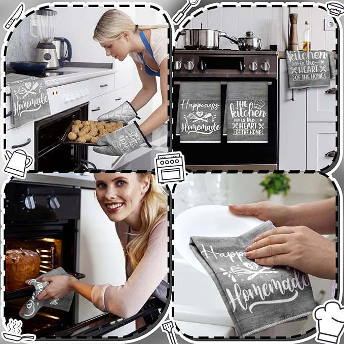 Sratte 6 Pcs Kitchen Decor Accessories Set Farmhouse Towels Pot Holders Oven Mitts Set 2 Dish Towels 2 Potholders 2 Cooking Mittens Oven Glove for Christmas Baking Cooking (Dark Gray)