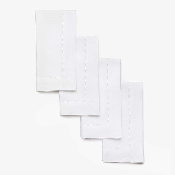 Solino Home White Linen Napkins Set of 4-100% Pure Linen Hemstitch Dinner Napkins 20 x 20 Inch for Mothers Day, Spring, Summer, Memorial Day - Classic Hemstitch