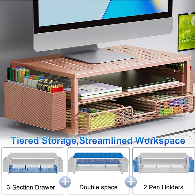 gianotter Desk Organizers and Accessories, Monitor Stand with Drawer and 2 Pen Holder, Desktop Organizer Suitable for Offices and Dormitories (Rose Gold)