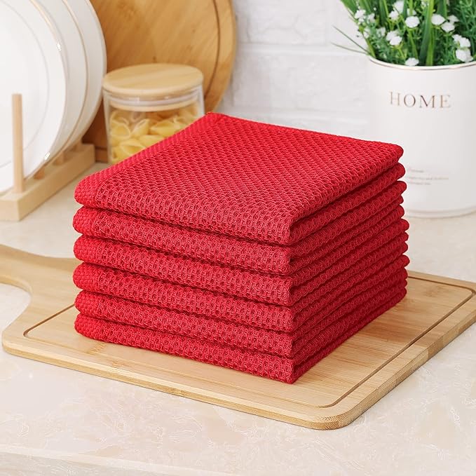Kitinjoy 100% Cotton Kitchen Dish Cloths (12 X 12 Inches, Red), 8 Pack Waffle Weave Ultra Soft Absorbent Dish Towels for Drying Dishes Quick Drying Kitchen Towels Dish Rags