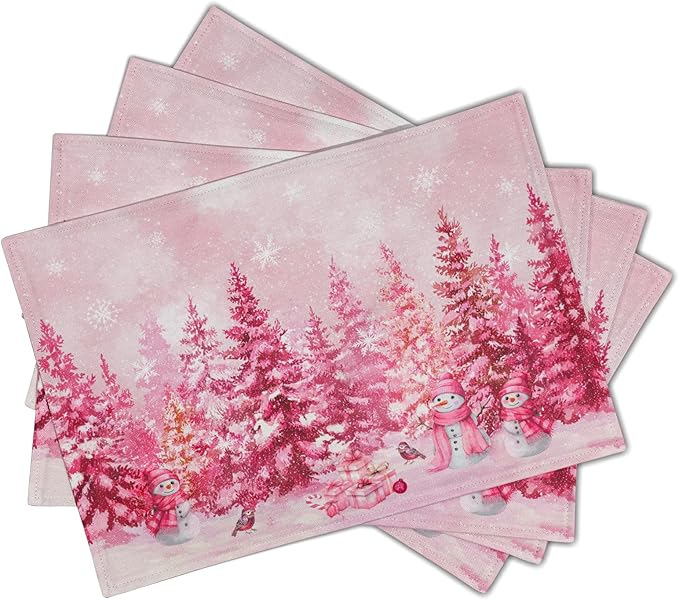 Pink Forest Placemat Set of 4 Winter Tree Linen Place Mat for Home Holiday Decor