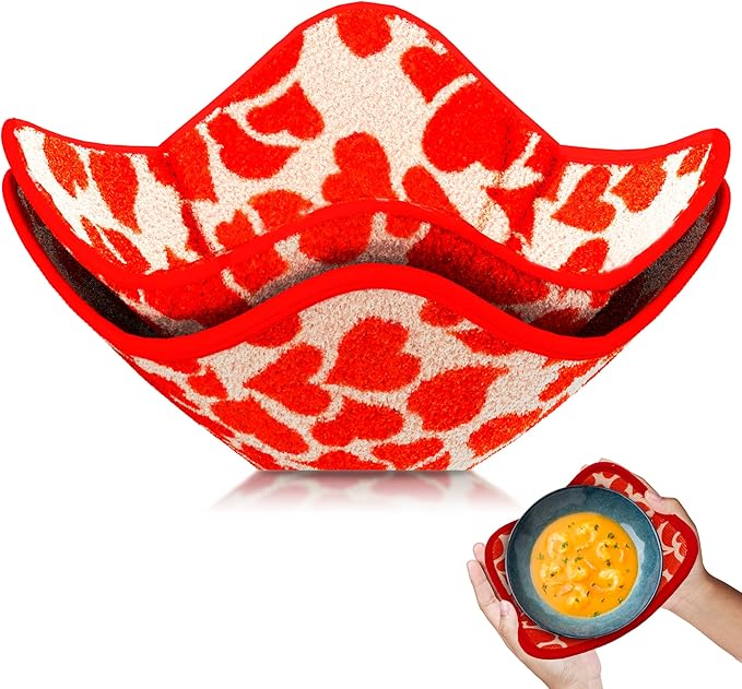 Set of 2 Microwave Bowl 4x7x7 Inch Polyester Cloth Hot Pads with Red Heart Print - Multipurpose Heat Resistant Plate Holders - Protector for Food Meals - Hot Pads for Bouillon Cups and Pads for Soup