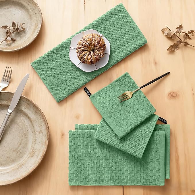 Homaxy 100% Cotton Kitchen Towels and Dishcloths Set, 12 x 12 & 15 x 25 Inches, Set of 12 Bulk Terry Cloth Dish Towels, Super Soft and Absorbent Hand Towel with Hanging Loop, Grass Green