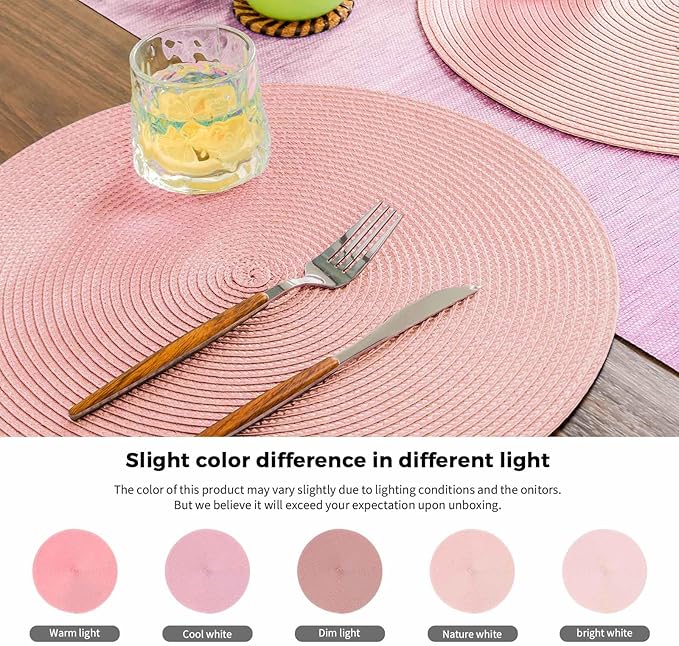 FunWheat Round Braided Placemats Set of 4 Table Mats for Dining Tables Woven Washable Non-Slip Place mats 15inch (Pink, 4pcs)