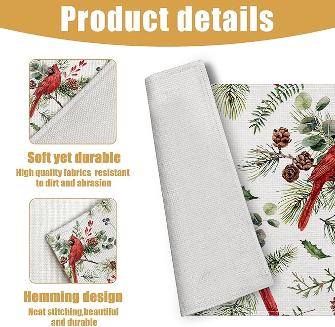 Red Cardinal Placemats Set of 6, Christmas Berry Bird Linen Place Mat Washable Stain Resistant Table Mats for Farmhouse Kitchen Dining Party Wedding Decor 12x18 Inch