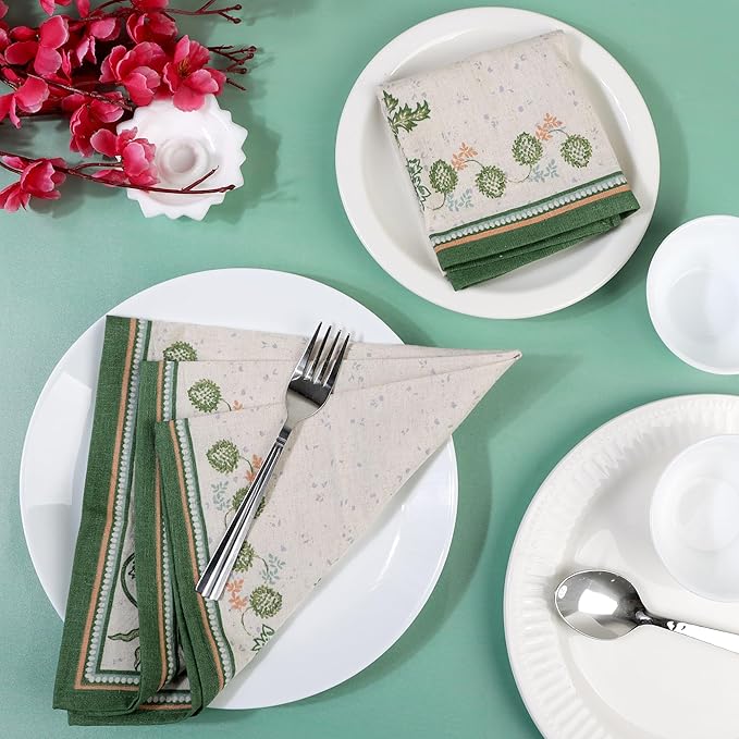 FINGERCRAFT Cloth Napkins, Set of 4 Cotton Linen Blend Printed Dinner Napkins Cloth Mitered Corner Perfect for Parties Dinners Weddings Cocktail Christmas Easter 20x20 Country Side