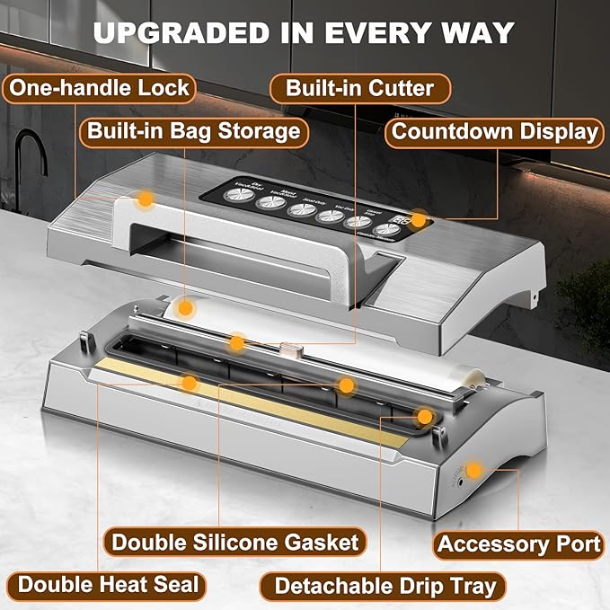 Precision Food Vacuum Sealer Machine, POWOT Fully Automatic Vacuum Sealing System, Commercial Food Vacuum Saver Pro, Double Heat Seal, Easy-Lock Handle, Built-in Cutter&Bag Storage, Hose&Bag Rolls