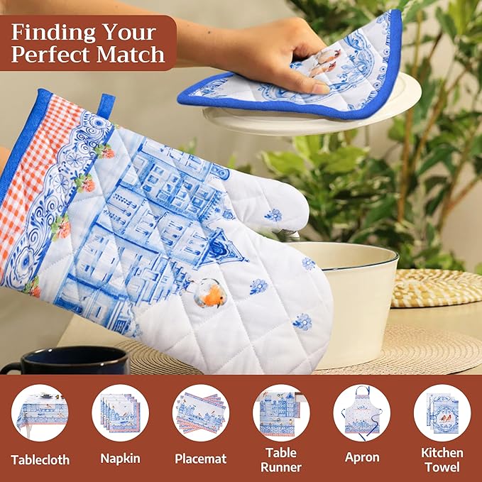 Maison d' Hermine 100% Cotton Oven Mitt & Pot Holder Set (7.5"x13" & 8"x8") Heat Resistant Cooking Gloves with Loop Baking Grilling Kitchen Gifts for Mothers Day Spring/Summer (Amsterdam Canals)
