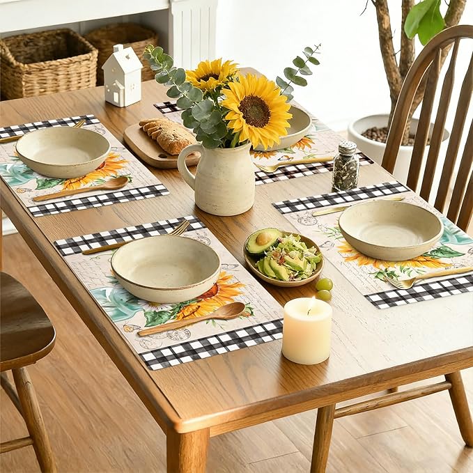 comfoyar Sunflower Vase Placemats Set of 4, 12x18 Inch Non-Slip Linen Summer Daisy Floral Place Mats, Washable Absorbent Butterfly Checkered Table Mats for Kitchen Dining Party Table Decoration