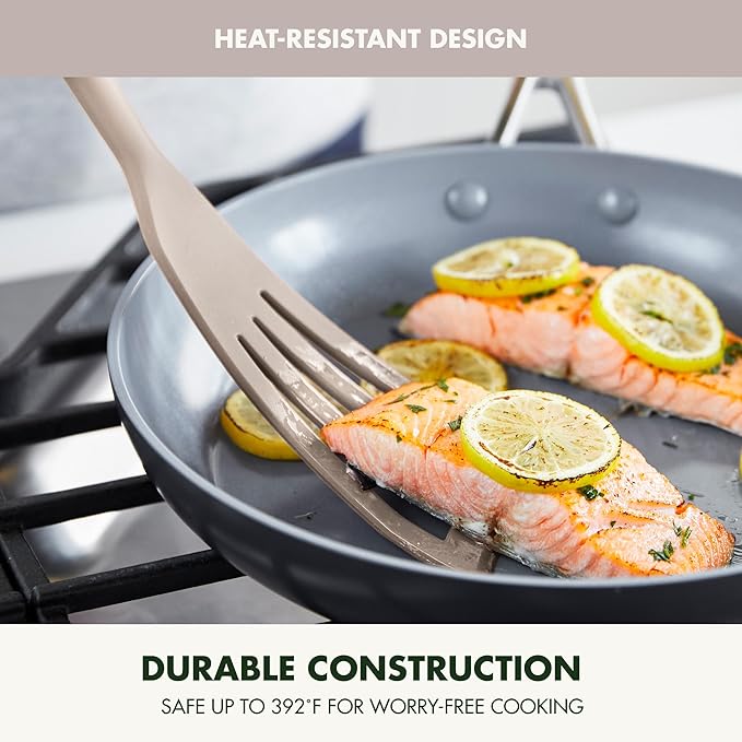 GreenPan Silicone Fish Turner Spatula, Slotted Cooking Kitchen Utensil, Flexible Rubber Nonstick Cookware, Rigid Steel Core, Heat-Resistant, Anti-Slip Handle, BPA-Free, Dishwasher Safe, Taupe