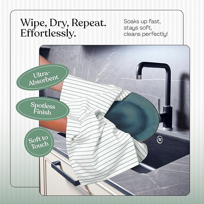 Sea Green Striped Kitchen Dish Towels (5-Pack), Quick Dry, Ultra Absorbent & Durable, 100% Cotton Classic Stripe Towels for Drying Dishes, Wiping, and Daily Kitchen Cleanup
