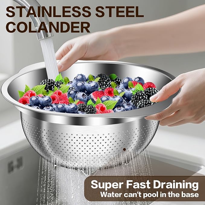 Stainless Steel Colander for Kitchen, Stainless Steel Strainer, Pasta Strainer for Spaghetti Fruit Cooking Food, 3 Pcs Strainers and Colanders(2QT, 3QT, 5QT), Dishwasher Safe, Kitchen Present