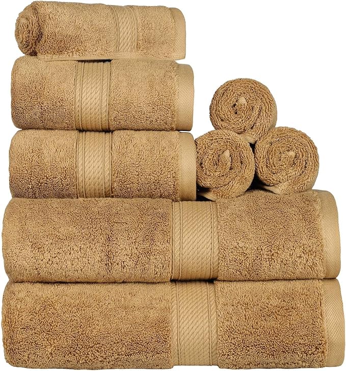 SUPERIOR Egyptian Cotton Pile 8 Piece Towel Set, Includes 2 Bath, 2 Hand, 4 Face Towels/Washcloths, Ultra Soft Luxury Towels, Thick Plush Essentials, Guest Bath, Spa, Hotel Bathroom, Toast
