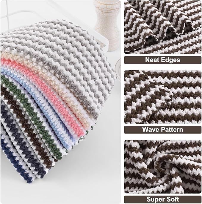 Homaxy 18 Pack Kitchen Dish Cloths, Ultra Soft and Absorbent Dish Towels, Reusable Fast Drying Microfiber Cleaning Cloth, Coral Velvet Wave Design no-lint, 10 x 10 inches, Brown