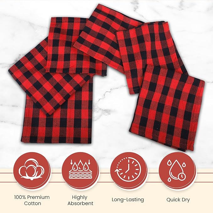 Vintage Vista 100% Cotton Dish Cloths (Pack of 6) - Dish Rags for Washing Dishes - Reusable & Highly Absorbent Kitchen Towels - Kitchen Rags fo Easter - (12" x 12" - Black & Red Checkered)