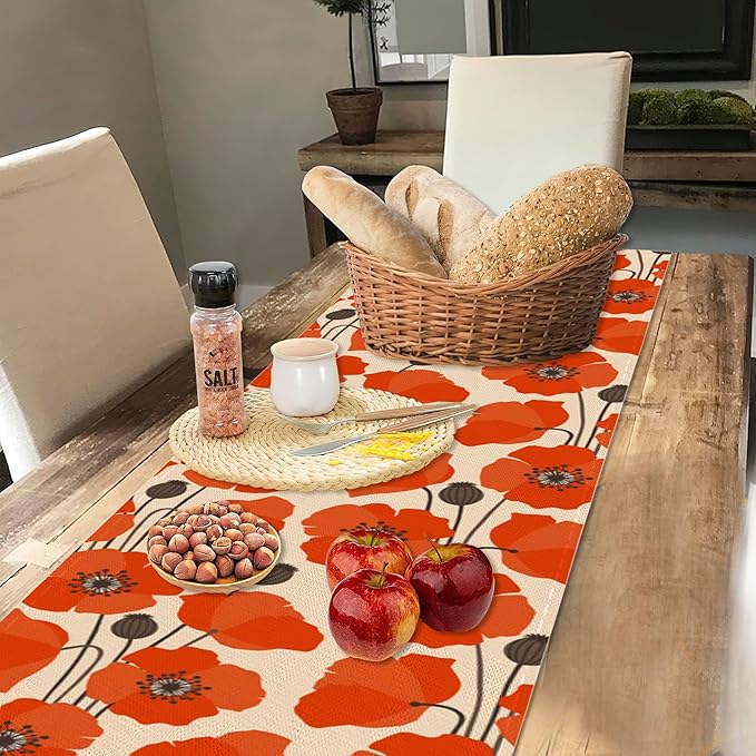 Table Runner Vintage Poppy Flower Table Runners Summer Seasonal Kitchen Dinning Decor for Indoor Outdoor Holiday Home Wedding Party 13x70 Inch