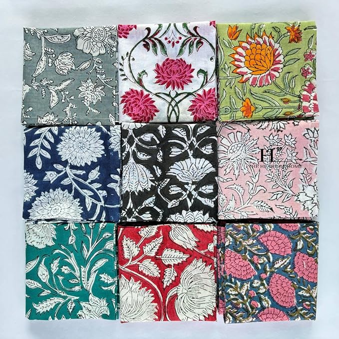 Assorted Mix and Match Hand Block Floral 100% Cotton Cloth Napkins Perfect for Kids,Wedding Events,Home Parties and Dining Table-Zero Waste Napkins