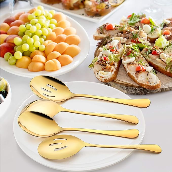 LIANYU 6-Piece Gold Serving Spoons, Stainless Steel Gold Slotted Spoons, Serving Utensils for Party Buffet Restaurant Banquet Dinner Catering, 8 3/4 Inch, Dishwasher Safe