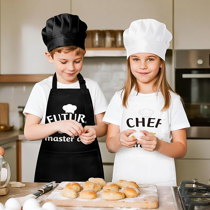 GROBRO7 4Pcs Kids Apron and Chef Hat Set Gift for Boys Girls, Chef in Training Future Master Chef Pattern Adjustable Kitchen Apron with 2 Pockets Waterproof Smocks for Baking Cooking Painting Training