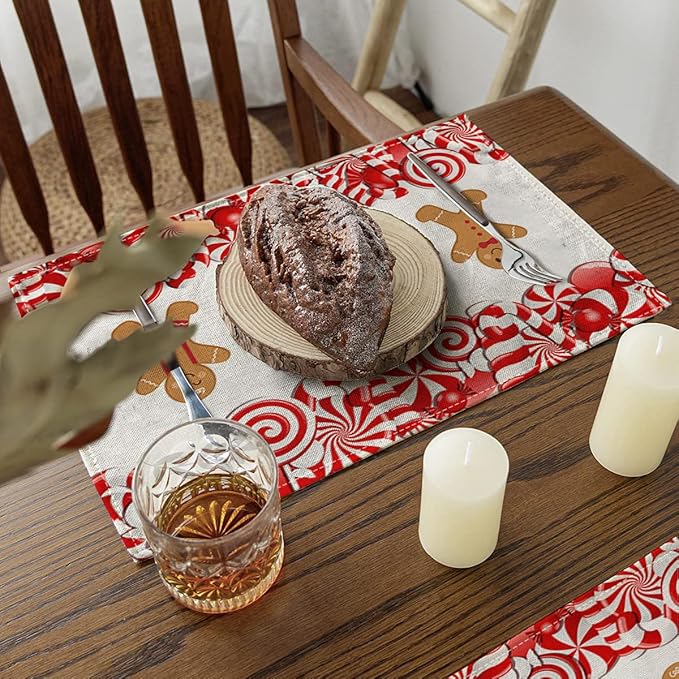 Ansouyi Placemats Set of 6, Christmas Candy Cane and Gingerbread Man Washable Heat Resistant Linen Table Mats, Kitchen Decor Non-Slip Place Mats for Party Dining, 12x18 Inch