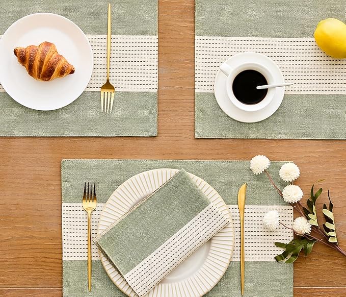 Wracra Linen Placemats, 12 x 18 Inch Set of 6 Placemats, Farmhouse Macrame Place Mats for Kitchen Table and Heat Resistant-Hemstitch Sage Green 6PCS