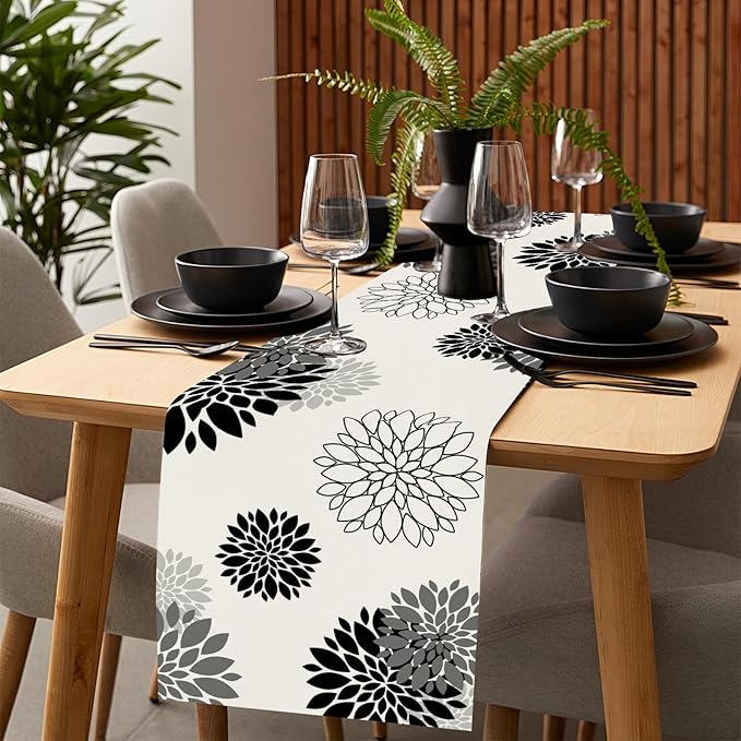 Black Gray Table Runner Dahlia Pinnata Flower Beige Table Runners Modern Elegant Pompon Farmhouse Geometric Coffee Table Center Decor for Home Kitchen Dining Party 13 x 108 Inch