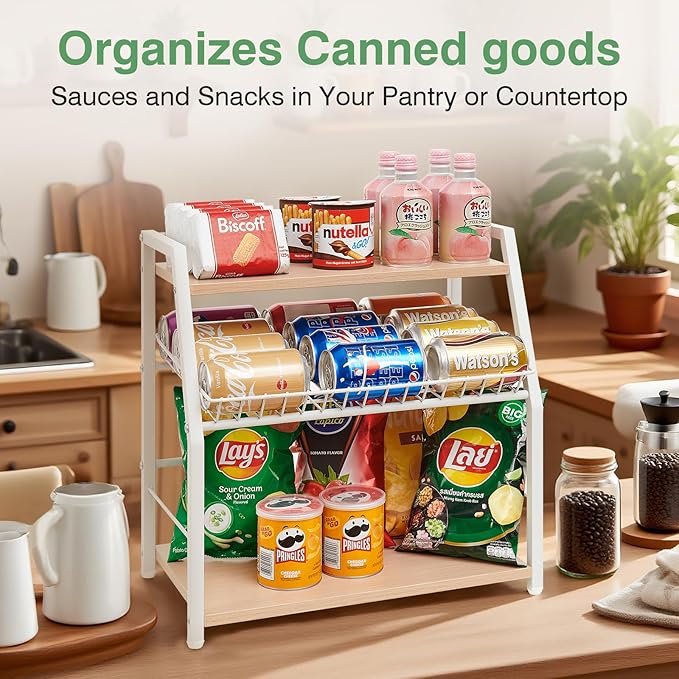 Kitchen Countertop Organizer, Snack Organizer Candy Display Stand Coffee Station Organizer, 3 Tier Wooden Counter Storage for Soda Cans Condiment Tea, for Pantry Office Bathroom, White (White)