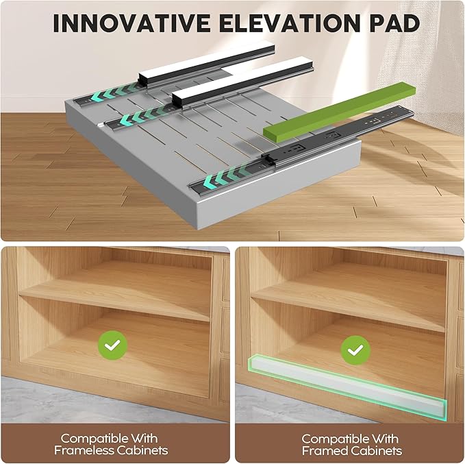 Seinloes 2 Pack Pull Out Cabinet Organizers 21" Deep With Raising Pad for Framed Cabinets, Expandable Width (15.2"-26.3") Slide Out Drawers Upgrade 3 Slide Rails, Roll Out Shelves Adhesive, Silver