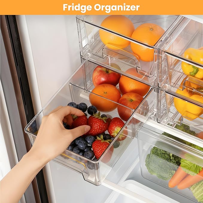 4 Pack Stackable Storage Drawers with Handles, Easy Assembly Clear Acrylic Fridge Organizer, Refrigerator Organizers and Storage for Kitchen, Under Sink, Pantry, Bathroom