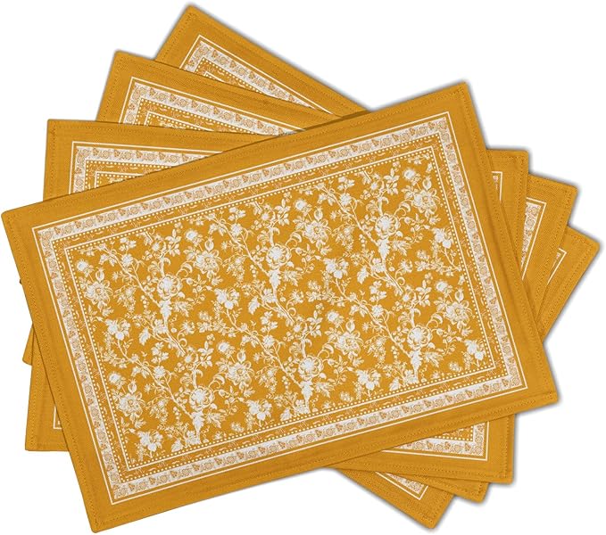 Rustic Yellow Vintage Flowers Placemats Set of 4，Chinoiserie Floral Branches Decoration Table Mat Washable Non-Slip Place Mats 12 x 18 Inch for Party Kitchen Dining