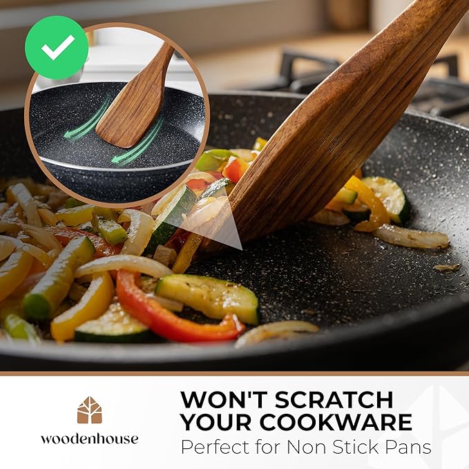 Wooden Spatula for Cooking - Non-Scratch, Sturdy, Natural Teak Cooking Utensils - Easy to Clean Wooden Spatula Set with Turner, Scraper, Slotted & Frying Wood Spatulas, Jar Scraper, Spoonula - 6 Pcs