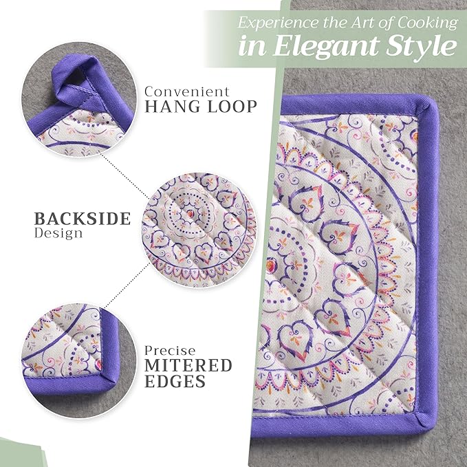 Maison d' Hermine Pot Holders 100% Cotton Heat Resistant Potholders 8" x 8" Hot Pads with Loop BBQ Cooking Baking Gifts for Mothers Day Handling Hot Pans Spring/Summer (Pack of 1, Mandala)