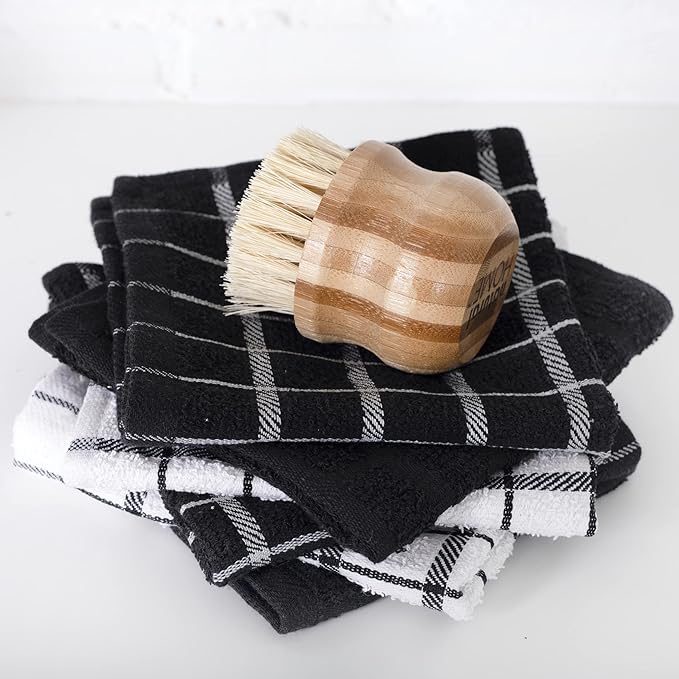 Ritz Premium 100% Cotton Terry Check Kitchen Dish Cloths - Highly Absorbent, Super Soft, Long-Lasting, 12"x12", 6-Pack, Black