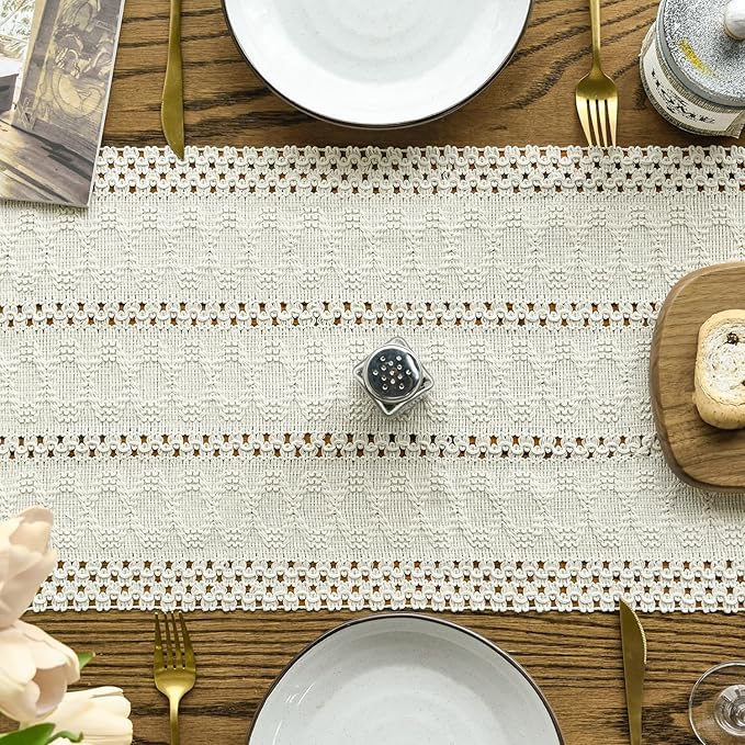 Artoid Mode Beige Farmhouse Woven Rustic Hollow Table Runner, Seasonal Holiday Kitchen Dining Table Decoration for Home Party Decor 12x36 Inch