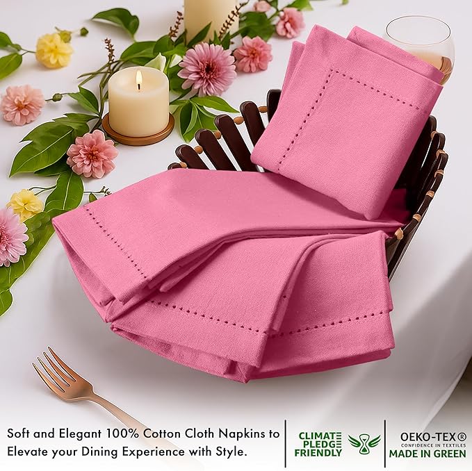 Ruvanti Cloth Napkins Set of 12, 100% Cotton High GSM 18x18 Inches, Hem Stitched Corners, Soft, Washable, Highly Durable & Absorbent, Perfect for Parties, Christmas, Thanksgiving Dinners – Pink