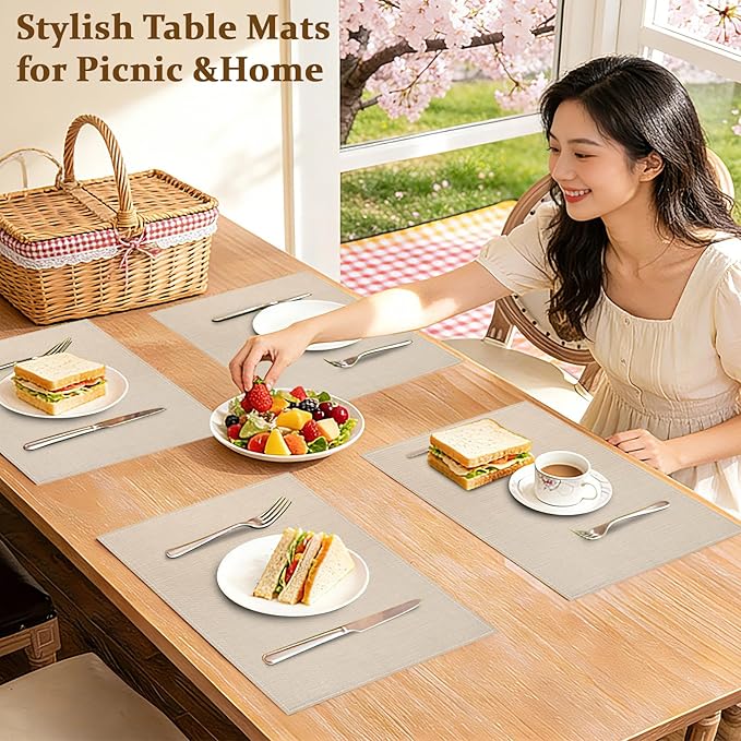 Bloss Beige Placemats Set of 6-12x18 Inch Table Mats Washable Heat-Resistant Place Mats for Dining Table, Easy to Clean Seasonal Place Mats for Holiday Party Kitchen Dining Table Decoration