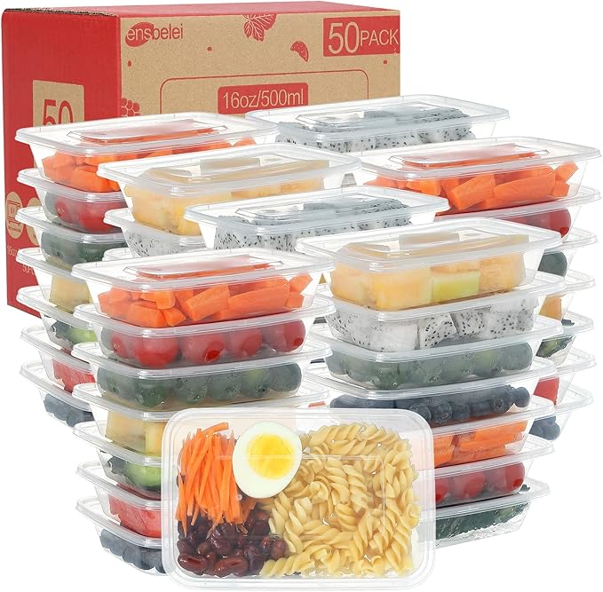 Ensbelei 16oz Disposable Food Storage Containers with Airtight Lids, 50Pcs Reusable Deli Meal Prep Containers, Leakproof, Microwaveable, Dishwasher & Freezer Safe