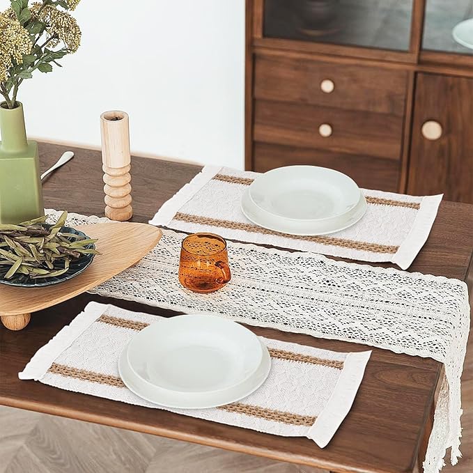 Boho Placemats Set of 6, Macrame Place Mats in Natural Cotton Burlap, Farmhouse Style Dining Table Mats for Indoors & Outdoors, Rustic Kitchen Home Decor